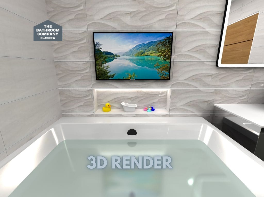 3D RENDER OMNITUB BATH AND PROOFVISION BATHROOM TV