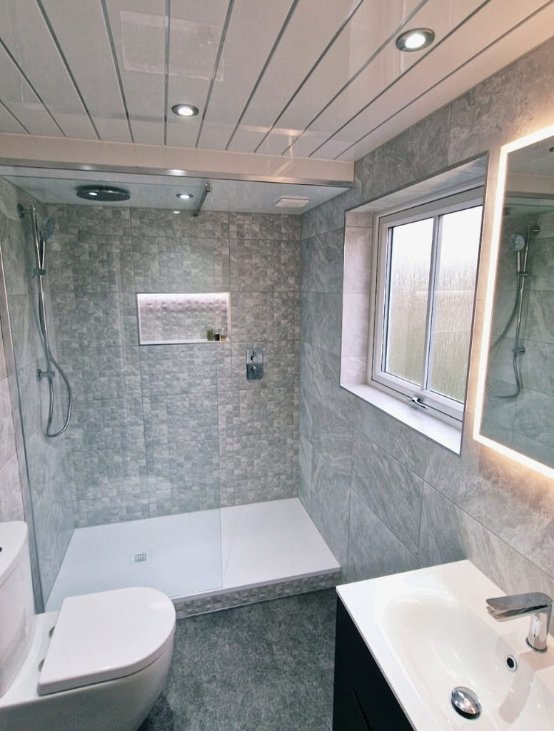 Walk in shower with Porcelanosa tiles in Bearsden