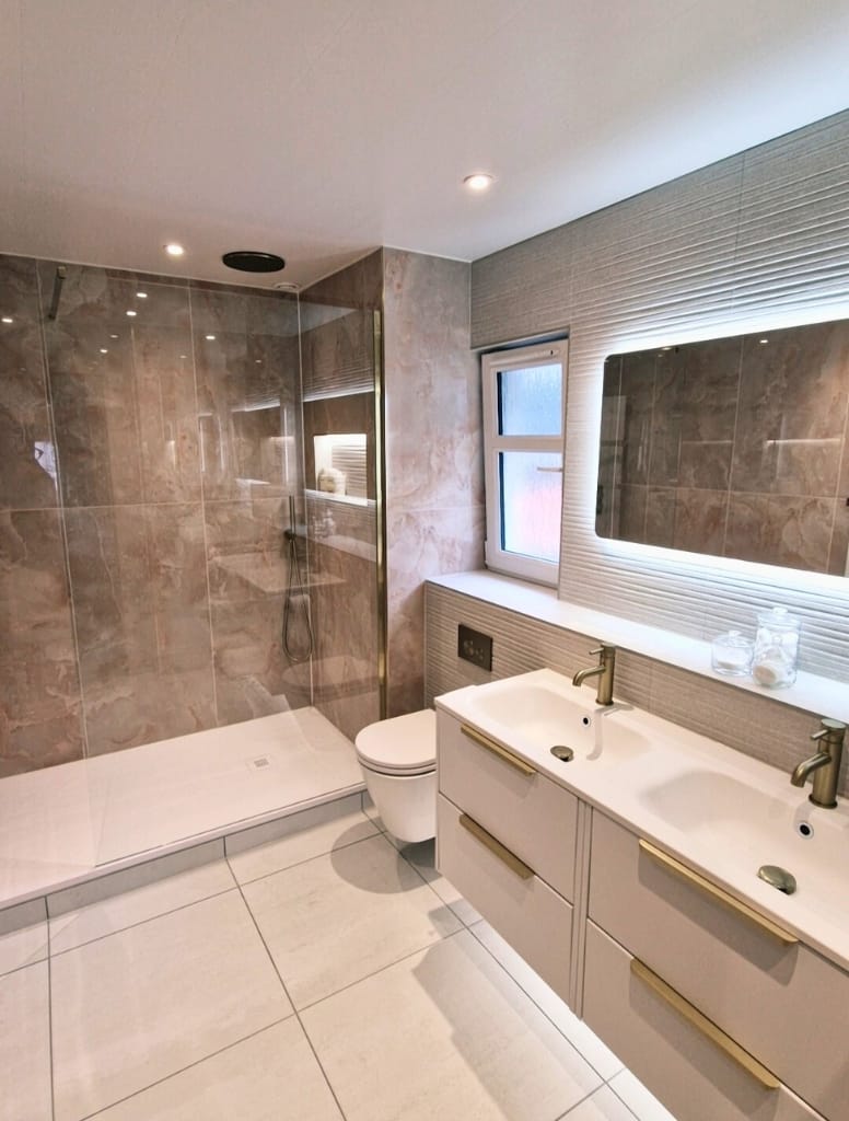 Large bathroom with double vanity in Kilmacomb