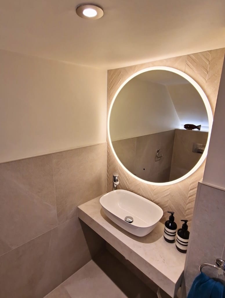 Round Led mirror above Mylife sit on countertop bowl Clarkston